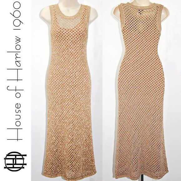 🦋 HOUSE OF HARLOW 🦋 NEW - Metallic Open-Knit Midi Dress - [XS, Gold] - Picture 1 of 14